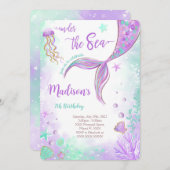 Paarse Zeemeermin Verjaardagsuitnodiging Kaart (Voorkant / Achterkant)