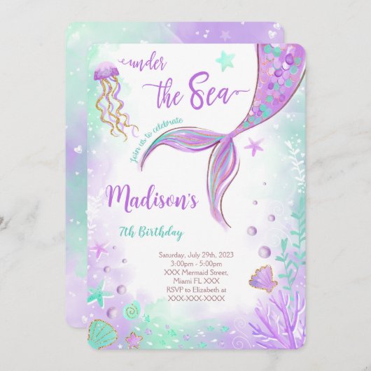 Paarse Zeemeermin Verjaardagsuitnodiging Kaart (Voorkant / Achterkant)