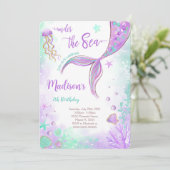 Paarse Zeemeermin Verjaardagsuitnodiging Kaart (Staand voorkant)