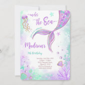 Paarse Zeemeermin Verjaardagsuitnodiging Kaart (Voorkant)