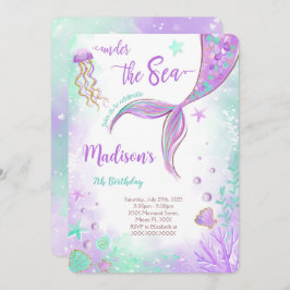 Paarse Zeemeermin Verjaardagsuitnodiging Kaart
