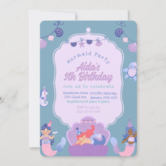 Paarse Zeemeermin Verjaardagsuitnodiging Kaart (Voorkant)
