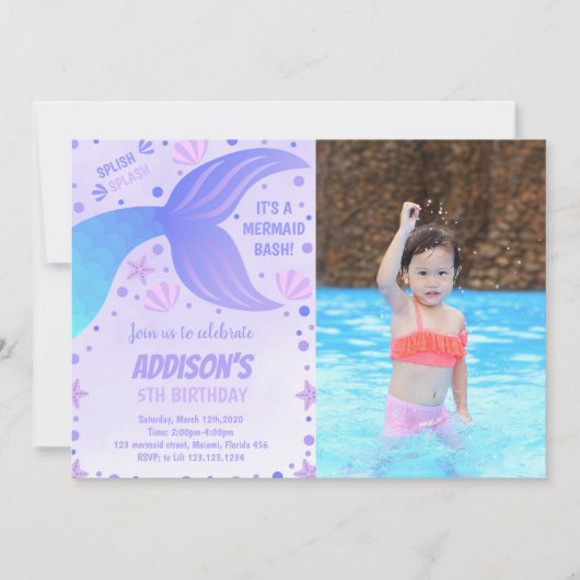 Paarse zeemeermin verjaardagsuitnodiging met foto kaart (Voorkant)