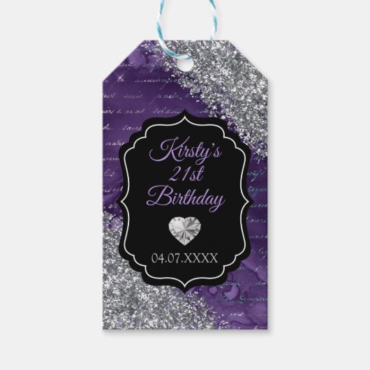 Paarse zeemeerminnen Silver Glitter Birthday Cadeaulabel (Voorkant)