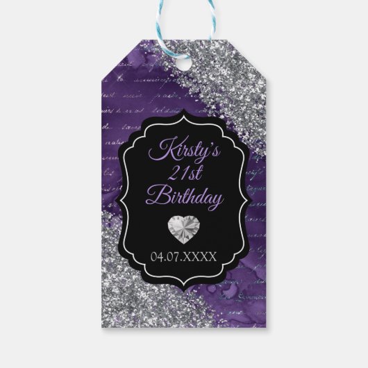 Paarse zeemeerminnen Silver Glitter Birthday Cadeaulabel (Achterkant)