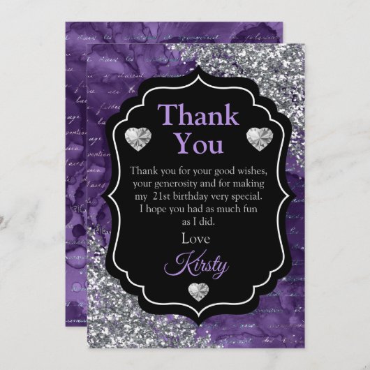Paarse Zeemeerminnen Silver Glitter Dank u Bedankkaart (Voorkant / Achterkant)