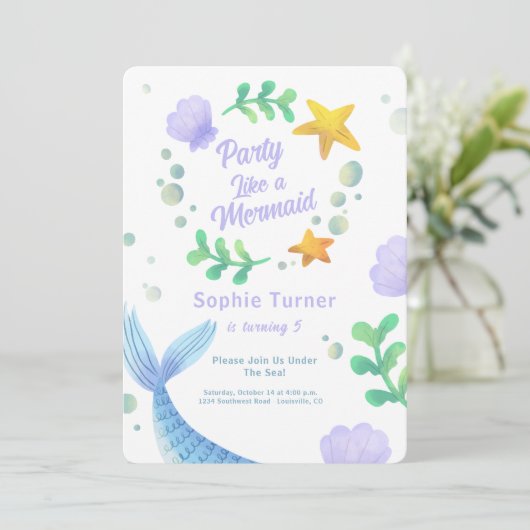 Paarse Zeemeerminstaart Onder Zee Verjaardag Kaart (Staand voorkant)