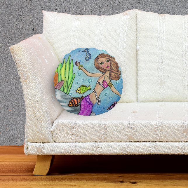  Paarse zeemeervis met zeewier Rond Kussen (Mermaid pink tail with fish seahorse by seaweed rocks on round decorative pillow.)