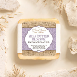 Paarse zeepbar label burlap