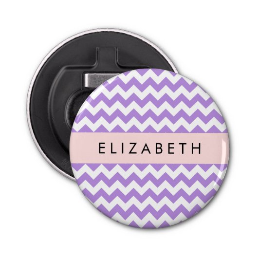 Paarse zigzag, Paarse Chevron, Jouw naam Button Flesopener (Voorkant)