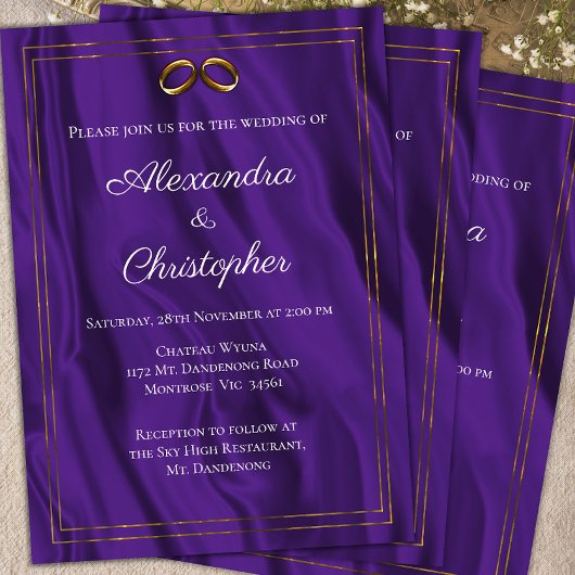 Paarse Zijde en Gouden Ringen Bruiloft Kaart