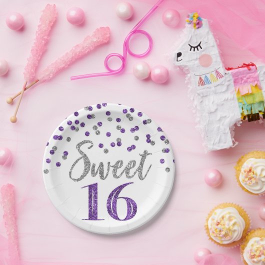 Paarse Zilver Confetti Sweet 16 Birthday Party Papieren Bordje (Feest)