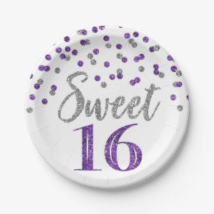 Paarse Zilver Confetti Sweet 16 Birthday Party Papieren Bordje