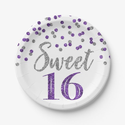Paarse Zilver Confetti Sweet 16 Birthday Party Papieren Bordje (Voorkant)