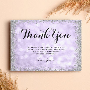 Paarse zilver Faux Glitter Lights Sweet 16 Bedankkaart