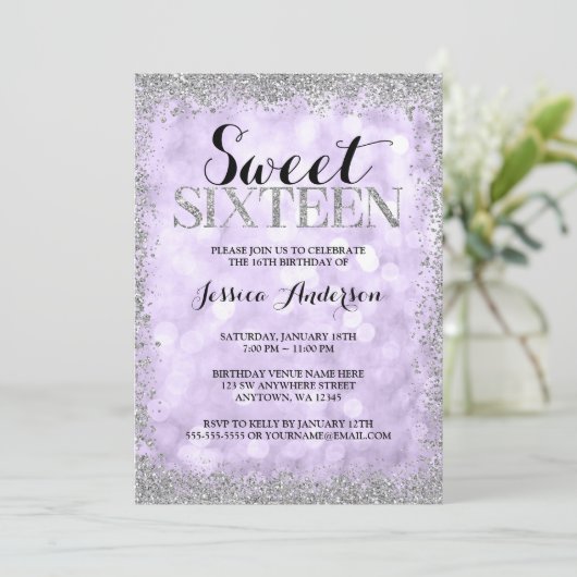Paarse zilver Faux Glitter Lights Sweet 16 Kaart (Staand voorkant)