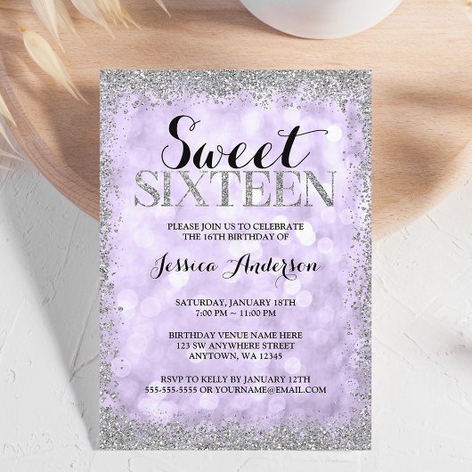 Paarse zilver Faux Glitter Lights Sweet 16 Kaart