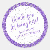 Paarse Zilver Glitter Confetti Dank u Ronde Sticker (Voorkant)