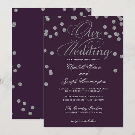 Paarse Zilver Glitter Confetti Elegant Wedding Kaart (Voorkant / Achterkant)