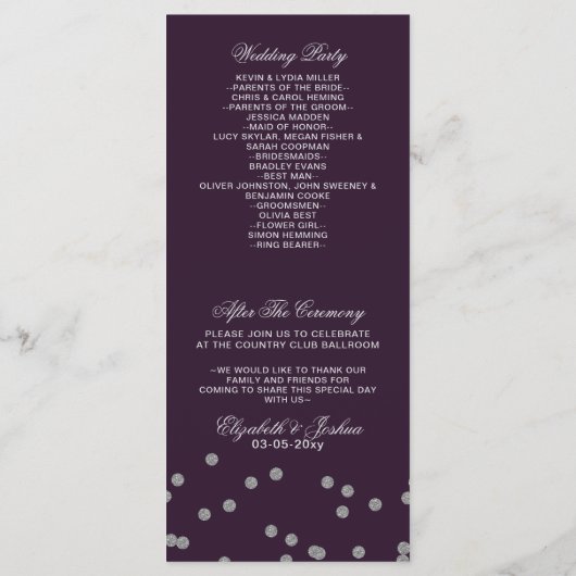 Paarse Zilver Glitter Confetti Elegant Wedding Programmakaart (Achterkant)