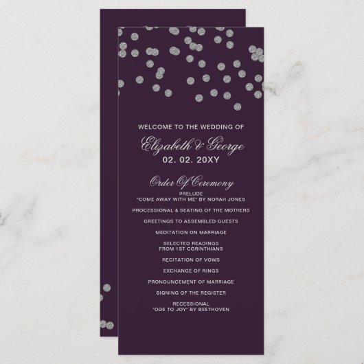 Paarse Zilver Glitter Confetti Elegant Wedding Programmakaart (Voorkant / Achterkant)