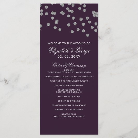 Paarse Zilver Glitter Confetti Elegant Wedding Programmakaart (Voorkant)