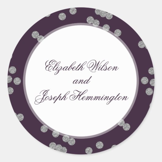 Paarse Zilver Glitter Confetti Elegant Wedding Ronde Sticker (Voorkant)