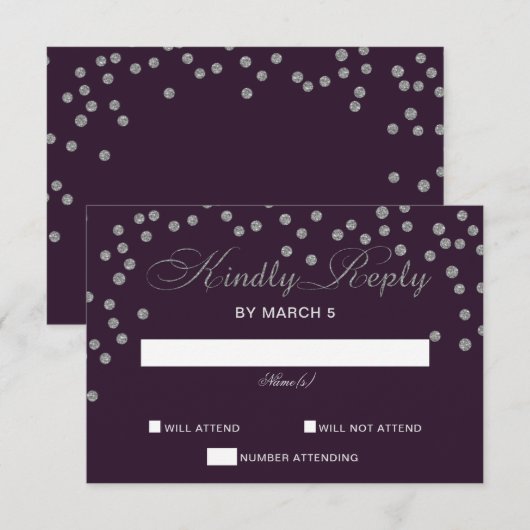Paarse Zilver Glitter Confetti Elegant Wedding RSVP Kaartje (Voorkant / Achterkant)
