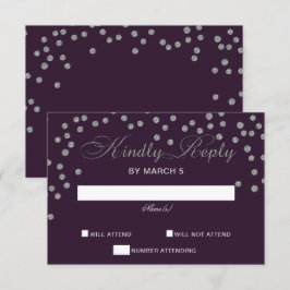 Paarse Zilver Glitter Confetti Elegant Wedding RSVP Kaartje
