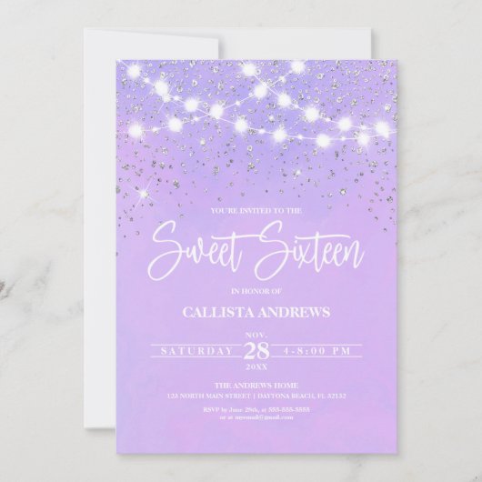 Paarse zilver Glitter Sparkles Sweet 16 Kaart (Voorkant)
