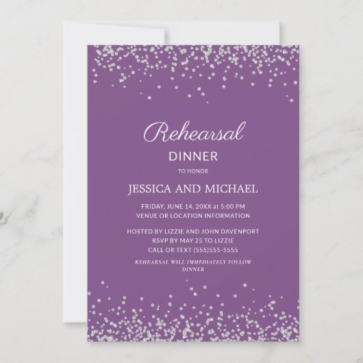 Paarse zilver Glitter WeddingRehearsal Dinner Save The Date (Voorkant)
