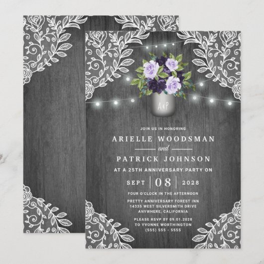 Paarse Zilver Gray Floral Rustic Jubileum Partij Kaart (Voorkant / Achterkant)