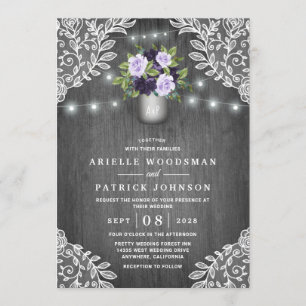 Paarse Zilver Grijs Bloemen Rustiek Mason Jar Wedd Kaart
