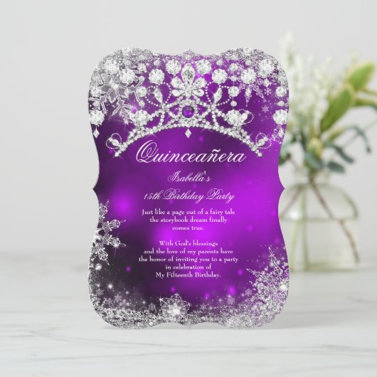 Paarse zilver Quinceanera 15e winter Wonderland Kaart (Staand voorkant)