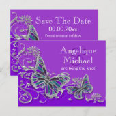 Paarse zilverblauwe vlinder aankondigingskaart (Voorkant / Achterkant)