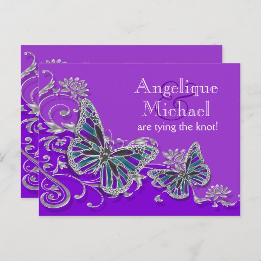 Paarse zilverblauwe vlinder aankondigingskaart (Voorkant / Achterkant)