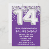 Paarse zilveren 14e verjaardagsfeestje kaart (Voorkant)