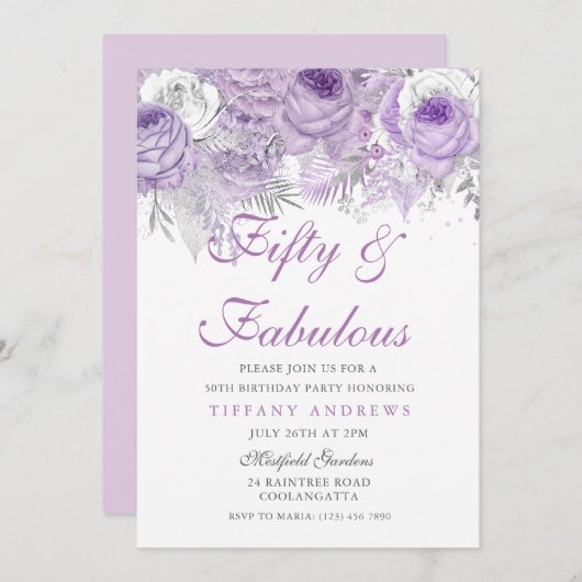 Paarse Zilveren 50 en Fabulous 50e verjaardag Kaart (Voorkant / Achterkant)