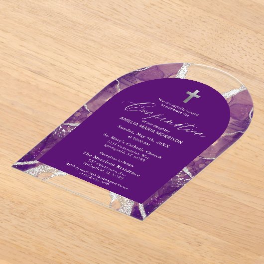 Paarse zilveren agaat bevestiging modern acryl uitnodigingen (Laagn)