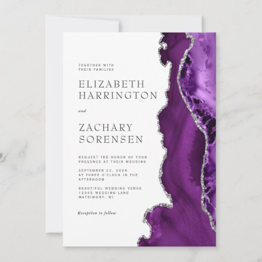 Paarse zilveren agaat bruiloft kaart (Voorkant)