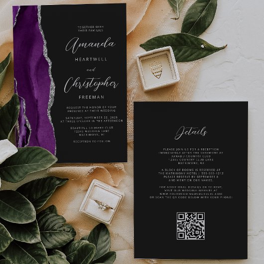 Paarse zilveren agaat Dark QR Code Wedding Kaart