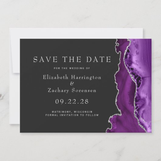 Paarse zilveren agaat Dark Save the Date Kaart (Voorkant)