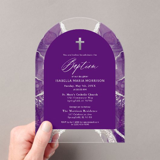 Paarse zilveren agaat doop Modern Elegant Acryl Uitnodigingen (Insitu (Draagbaar))