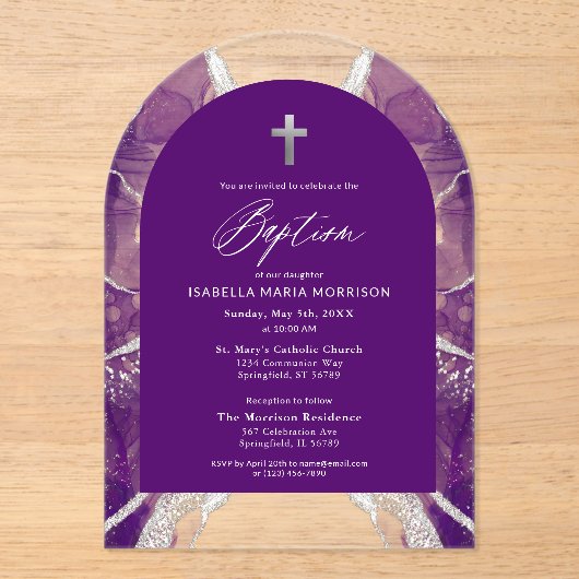 Paarse zilveren agaat doop Modern Elegant Acryl Uitnodigingen (Voorkant)