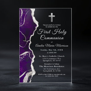 Paarse zilveren agaat eerste heilige communie meis acryl uitnodigingen
