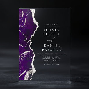 Paarse zilveren agaat Elegant Modern Wedding Acryl Uitnodigingen
