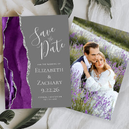 Paarse Zilveren Agaat Foto Grijze Save the Date Ka