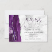 Paarse zilveren agaat marmeren maaltijd opties bru RSVP kaartje (Voorkant)