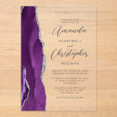 Paarse zilveren agaat modern script bruiloft acryl uitnodigingen (Voorkant)