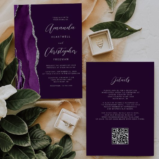 Paarse zilveren Agaat Plum QR Code Wedding Kaart